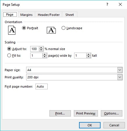 excel page setup window -  پنجره تنظیمات پرینت